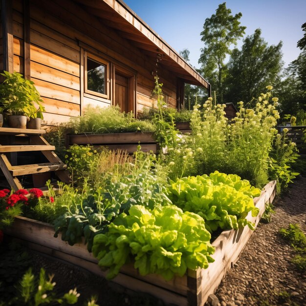 Camas de madera en jardines modernos que cultivan plantas hierbas especias verduras IA generativa