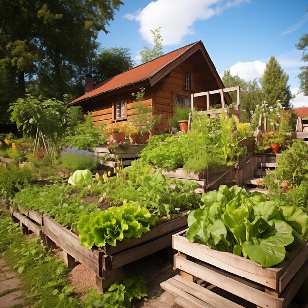 Camas de madera en jardines modernos que cultivan plantas hierbas especias verduras IA generativa