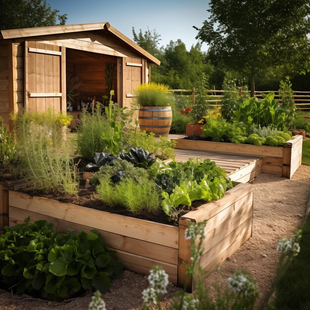 Foto camas de madera en jardines modernos que cultivan plantas hierbas especias verduras ia generativa