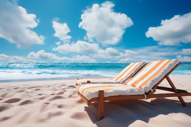 Camas de sol en la playa contra el fondo de las vacaciones de verano en el mar AI Generado