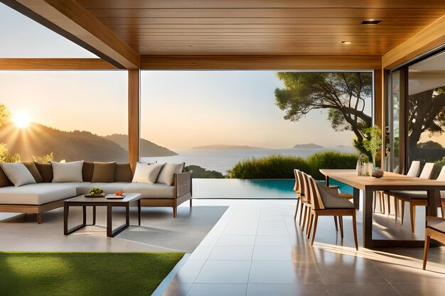 Camas de sol y zona de comedor cerca de la piscina en el patio trasero de una casa moderna