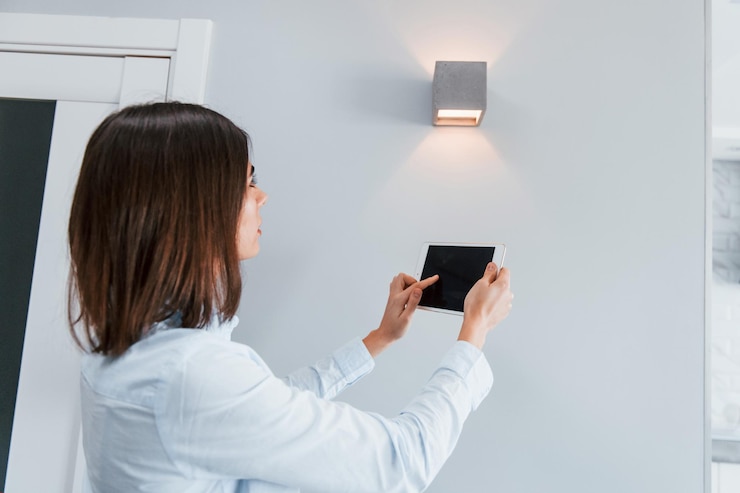 Foto cambiar la iluminación la mujer joven está en el interior de la habitación de la casa inteligente durante el día