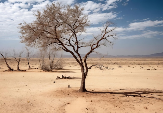 Cambio climático árbol marchitado y tierra seca