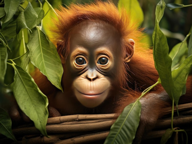 Cambio climático: un lindo orangután bebé ubicado entre hojas que simbolizan el impacto del cambio climático