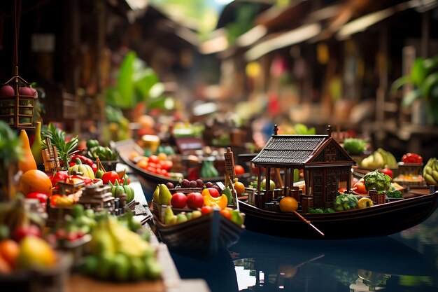 Cambio de inclinación de belleza con sesión de fotos única y creativa de un bullicioso mercado flotante tailandés