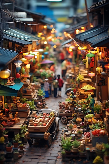 Cambio de inclinación de belleza con sesión de fotos única y creativa de un bullicioso mercado vietnamita