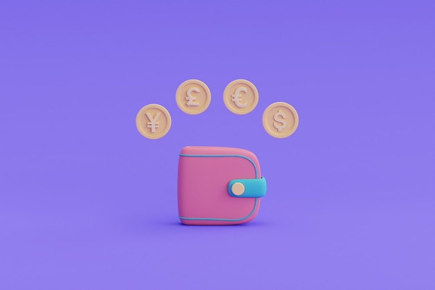 Cambio de moneda en línea y concepto de banca, símbolos de moneda dólar, euro, libra, yenes. Ilustración de render 3d.