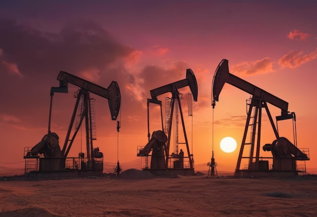 El cambio en los precios del petróleo causado por la guerra El concepto de límite de precios del petróleo Las plataformas de perforación de petróleo en el campo petrolífero del desierto La producción de petróleo crudo desde el suelo La producción petrolera