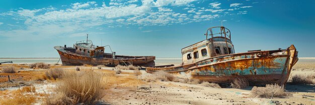 Foto cambios climáticos catastróficos en asia barcos abandonados para descomponerse en las orillas desertas del mar de aral