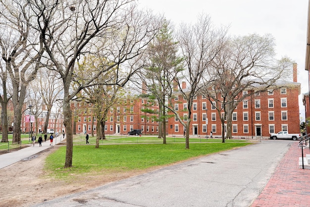 Cambridge, USA - 29. April 2015: Hollis Hall und Stoughton Hall in Harvard Yard der Harvard University, Massachusetts, MA. Sie dienen als Schlafsäle für Harvard-Studenten. Touristen im Hof