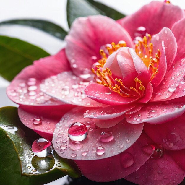 Foto camelia y gotas de rocío aisladas sobre un fondo blanco