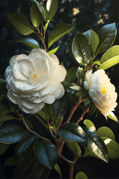 Camelias blancas en las ramas Generative Ai