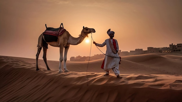 Camelleers indios conductor de camello con siluetas de camello en las dunas al atardecer