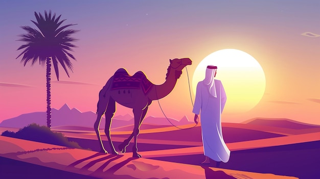 Foto camellero con camello en un desierto