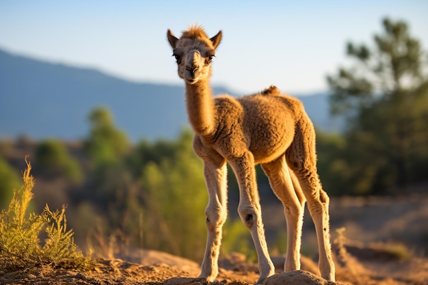 un camello bebé parado encima de un campo de tierra