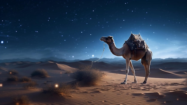 Camello caminando en el desierto por la noche cielo estrellas luna fiesta Eid al adha