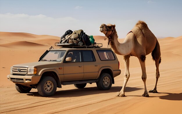 Camello y coche de off-road en el desierto