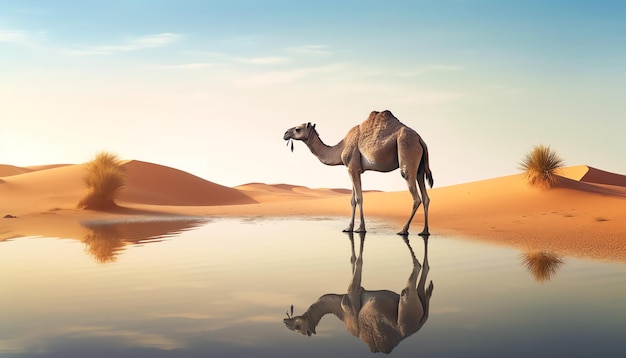 Un camello se para en el desierto con el cielo de fondo