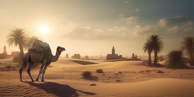 Camello en el desierto con fondo de mezquita y palmera eid al adha