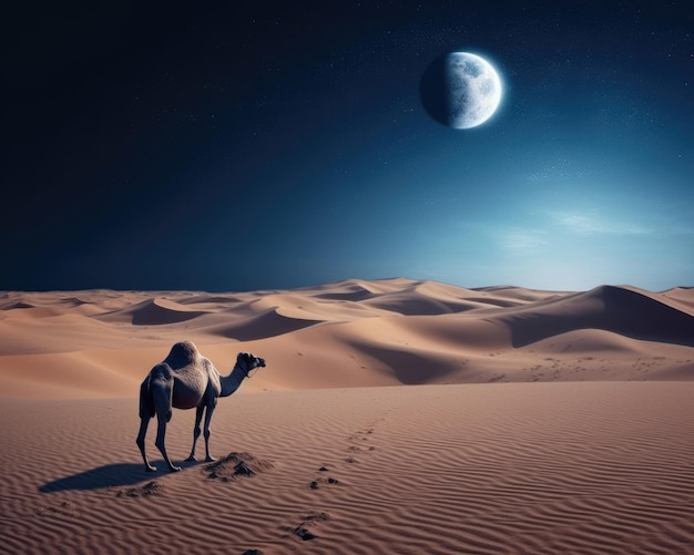 Un camello en el desierto con luna e ilustración de fondo cinematográfico para eventos sagrados ai generativo