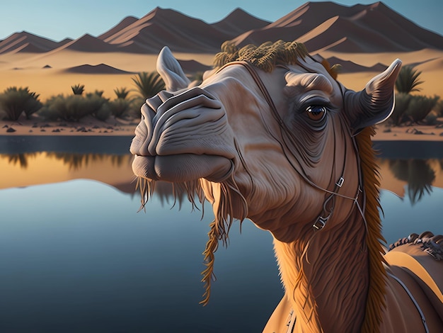 Un camello en el desierto con montañas al fondo.
