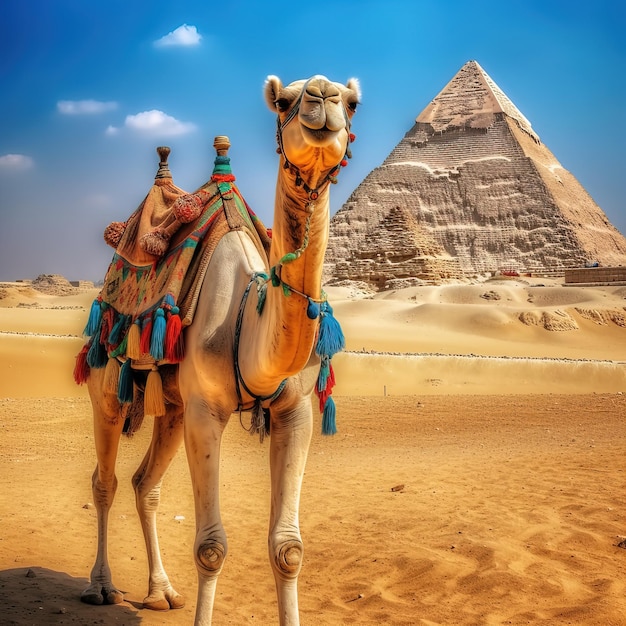 Un camello está parado frente a una pirámide en el desierto.