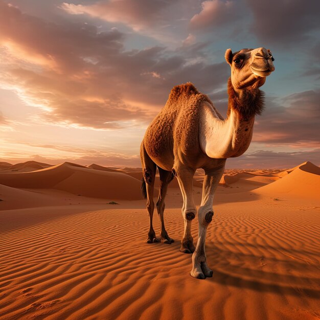 un camello está de pie en el desierto con una puesta de sol en el fondo