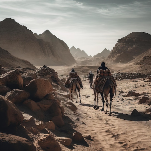 Un camello y un hombre cabalgan por el desierto.
