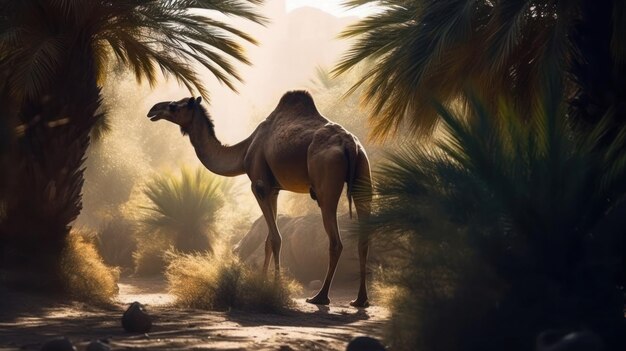 Un camello se para en medio de un desierto con palmeras.