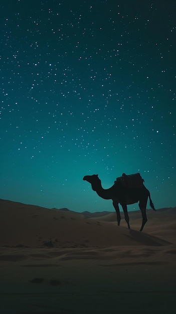 Foto camello de noche en el desierto con estrellas ramadán