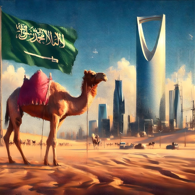 Foto un camello está de pie en el desierto con una bandera verde