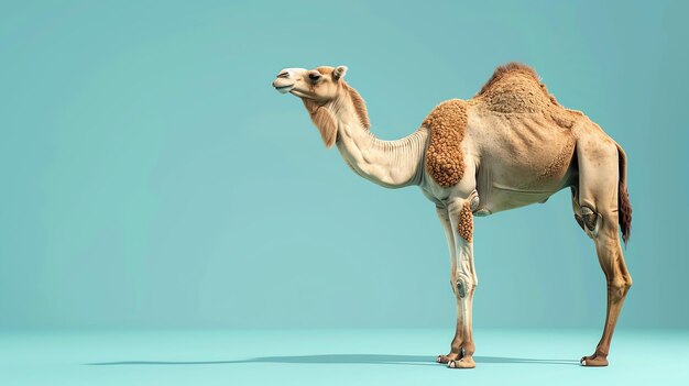 Un camello de pie en el desierto el camello es bronceado y tiene una gran joroba en la espalda está de pie en la arena y mirando hacia el lado