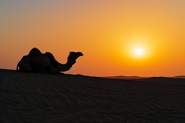 Foto un camello sentado en la arena al atardecer