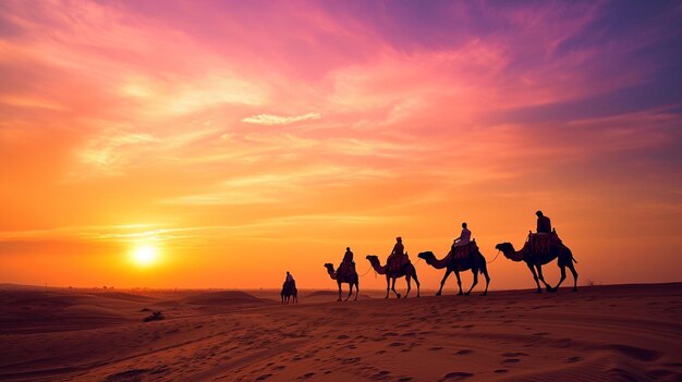 Los camellos se abren camino hacia el horizonte Los cálidos tonos del sol poniente proyectan generativo Ai