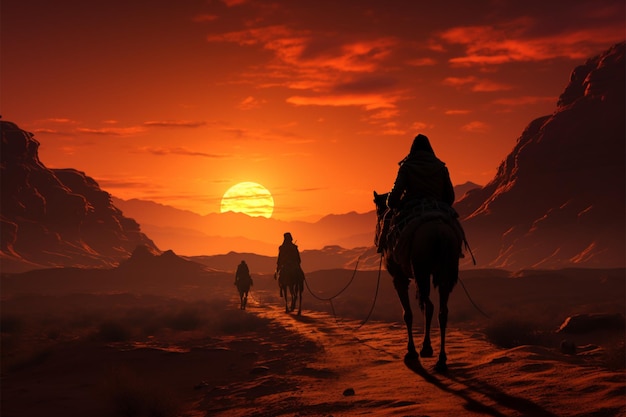Los camellos y los camellos crean siluetas llamativas contra la puesta de sol del desierto