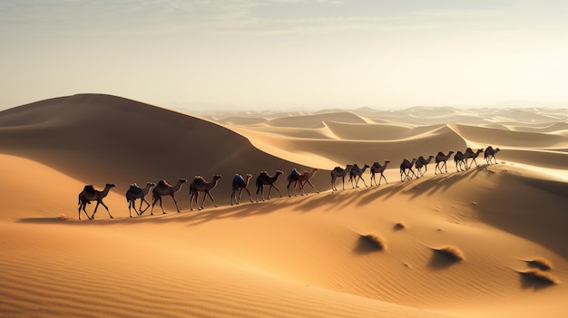 Camellos caminando en el desierto al atardecer