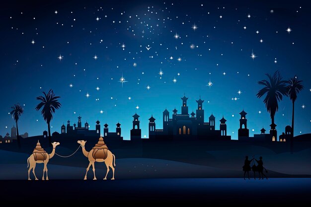 camellos caminando en el desierto contra el telón de fondo de una mezquita por la noche decorada con la luna y s