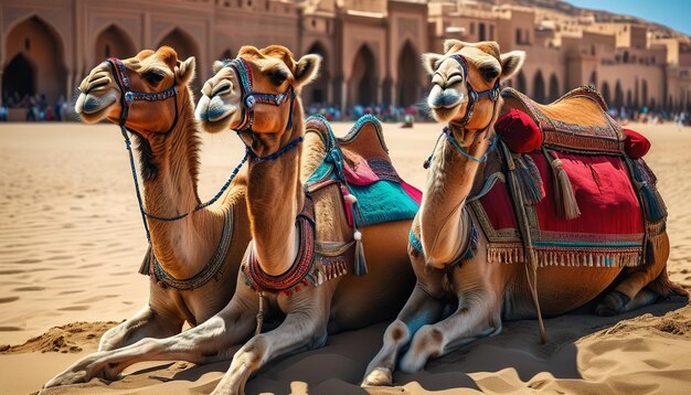 los camellos están alineados en el desierto y están sentados en la arena