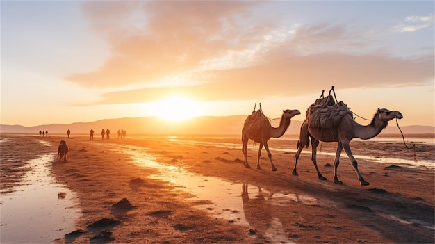 Camellos en una playa al atardecer