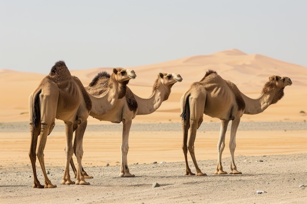 Camellos robustos y resistentes en paisajes desérticos áridos Experimente la resiliencia de los camellos mientras atraviesan vastos desiertos con una fuerza y adaptabilidad inquebrantables