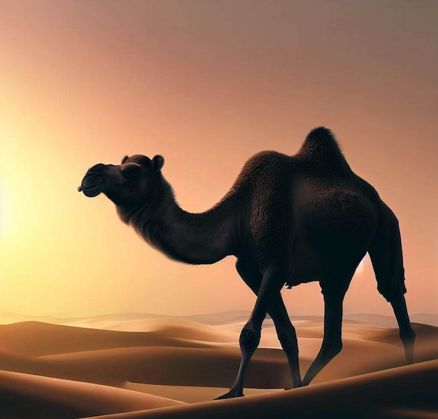 camelo andando no deserto atrás entre as colinas de areia com um fundo pôr do sol