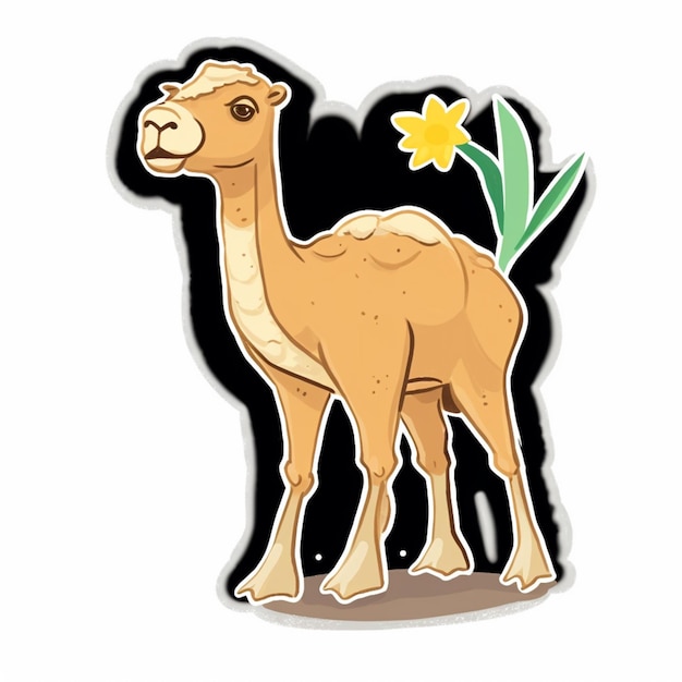 Foto camelo de desenho animado com flor na boca e fundo preto generativo ai