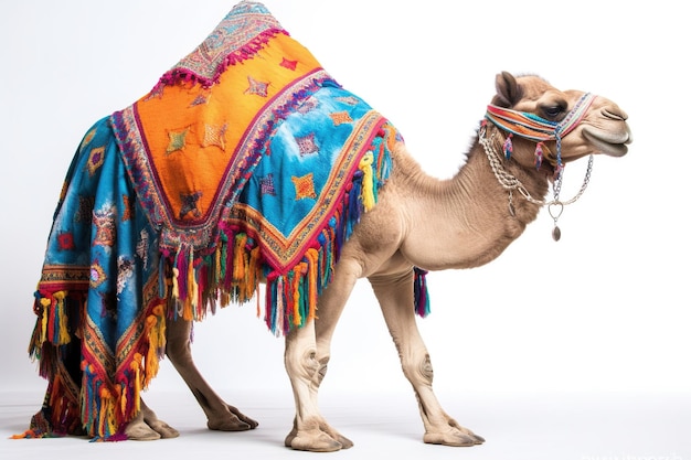 Camelo do deserto decorado árabe com sela e isolado em fundo branco também inclui sombra