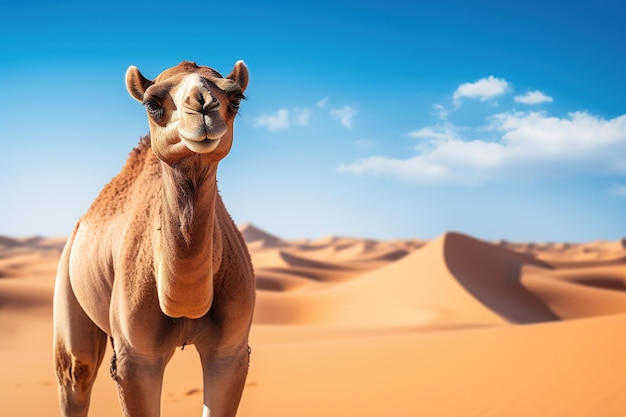 camelo em dunas de areia no deserto em um dia ensolarado