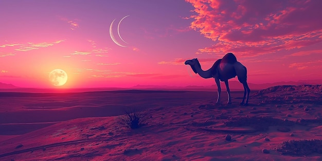 Camelo na borda de um deserto ao pôr-do-sol com a crescente e uma lua cheia à noite Eid Mubarak