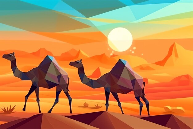 Camelos de baixo poli no deserto