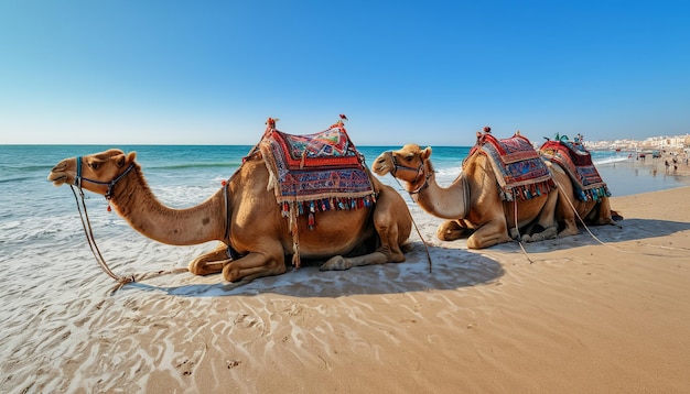 camelos deitados na praia com o oceano ao fundo