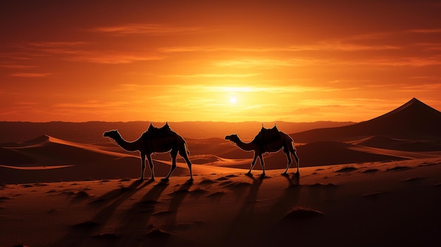 Camelos estão andando no deserto ao pôr do sol.