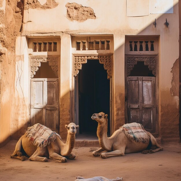 Foto camelos estão deitados na frente de um edifício com um sinal que diz camelos.