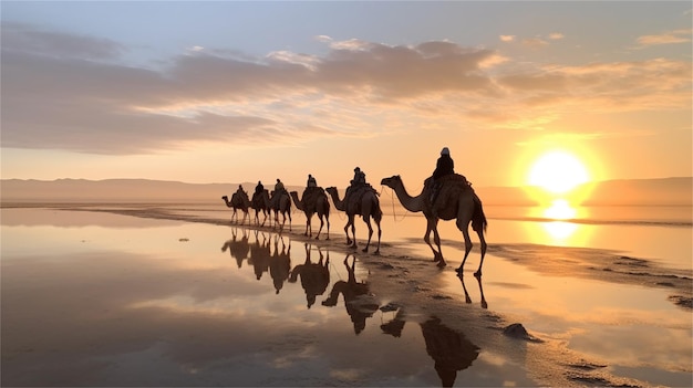 Camelos na praia ao pôr do sol